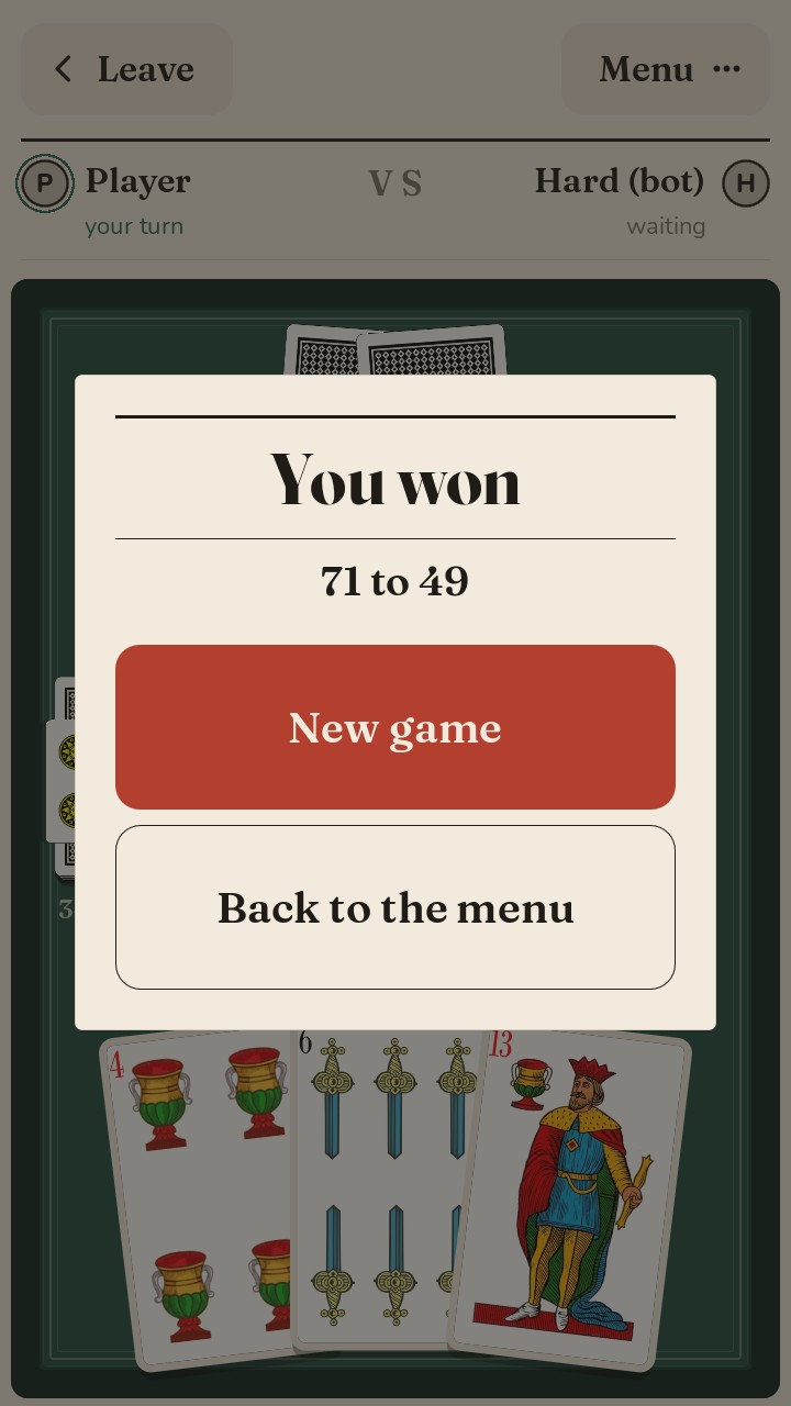 End panel reading «You won», 71 to 49, with buttons for a new match