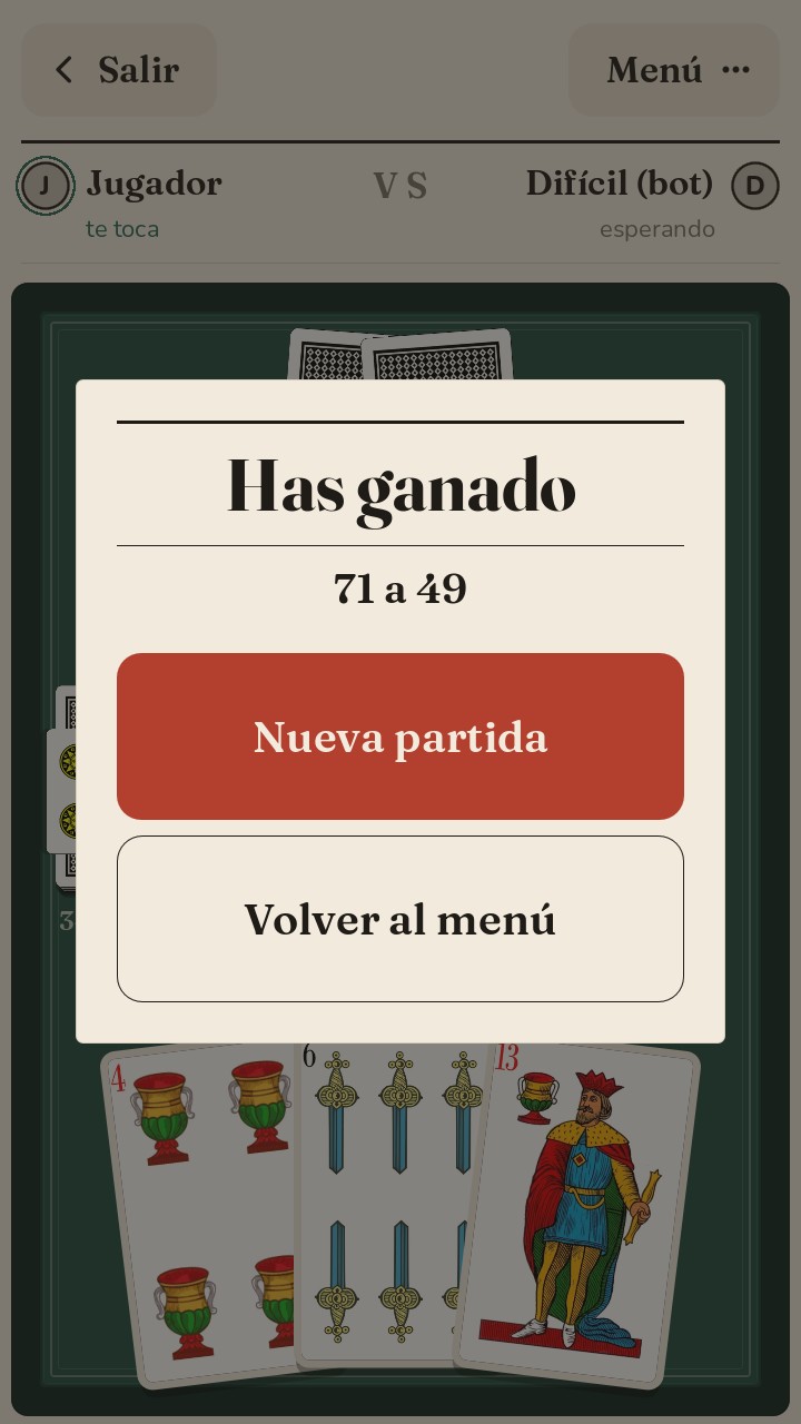 El panel de fin de partida: «Has ganado», 71 a 49, y los botones para volver a jugar