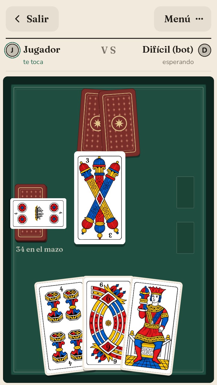 La misma mesa con las cartas trentinas, redibujadas en colores planos: el tres de bastos jugado en el centro y tres cartas en la mano