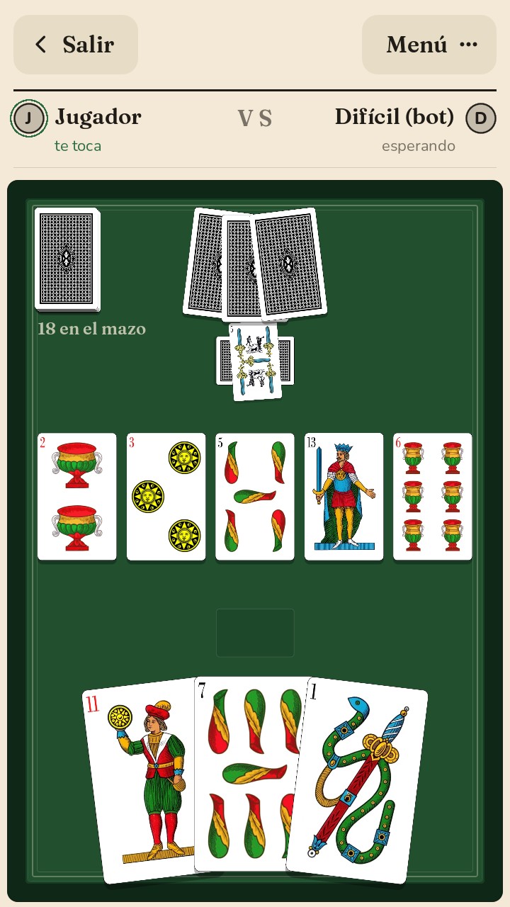 La mesa de la scopa con la baraja napolitana: cinco cartas en la mesa, el mont&oacute;n del rival con una escoba atravesada y tres cartas en la mano