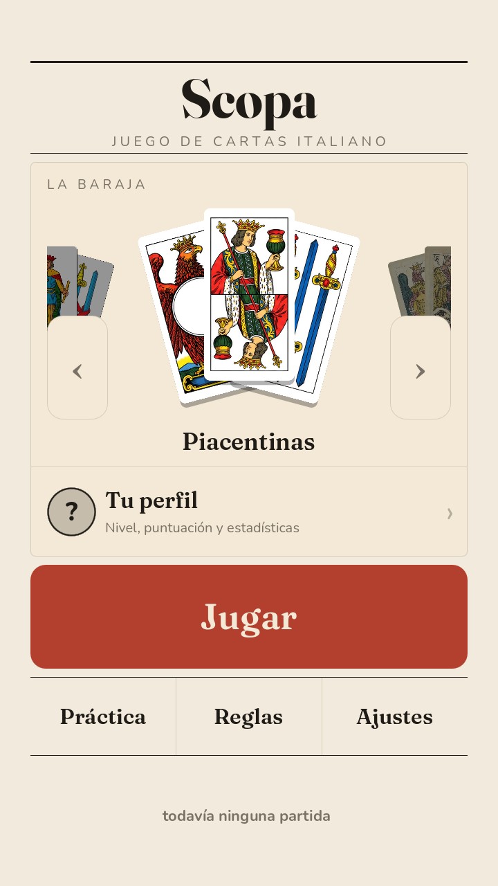 El men&uacute; de la scopa: el escaparate de barajas y los botones para jugar, practicar y leer las reglas