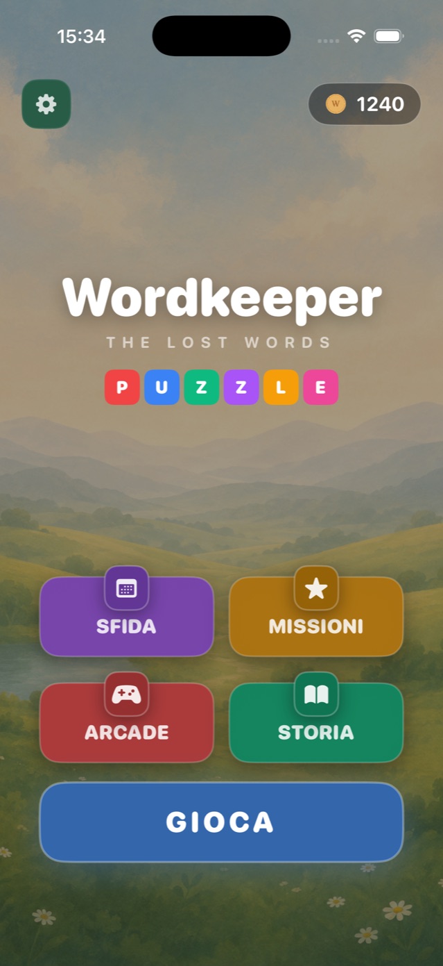Schermata iniziale di Wordkeeper con i pulsanti Storia, Sfida, Arcade, Missioni e Gioca