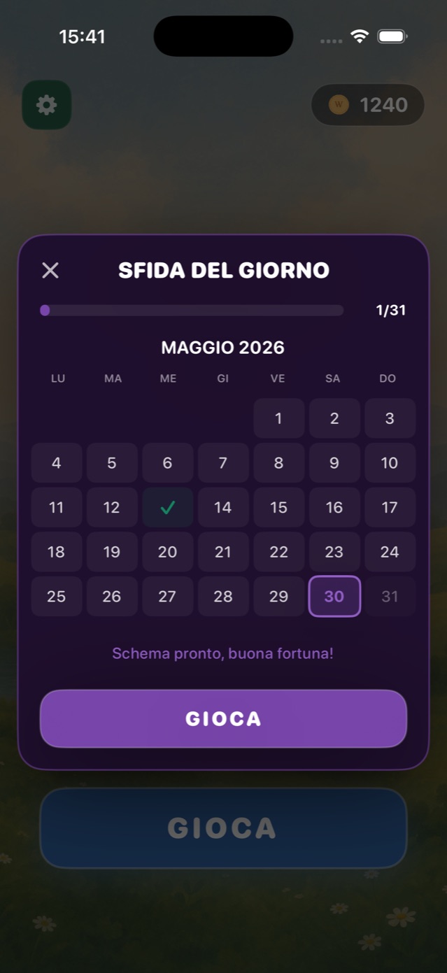 Calendario mensile della sfida del giorno, con un giorno completato e oggi evidenziato