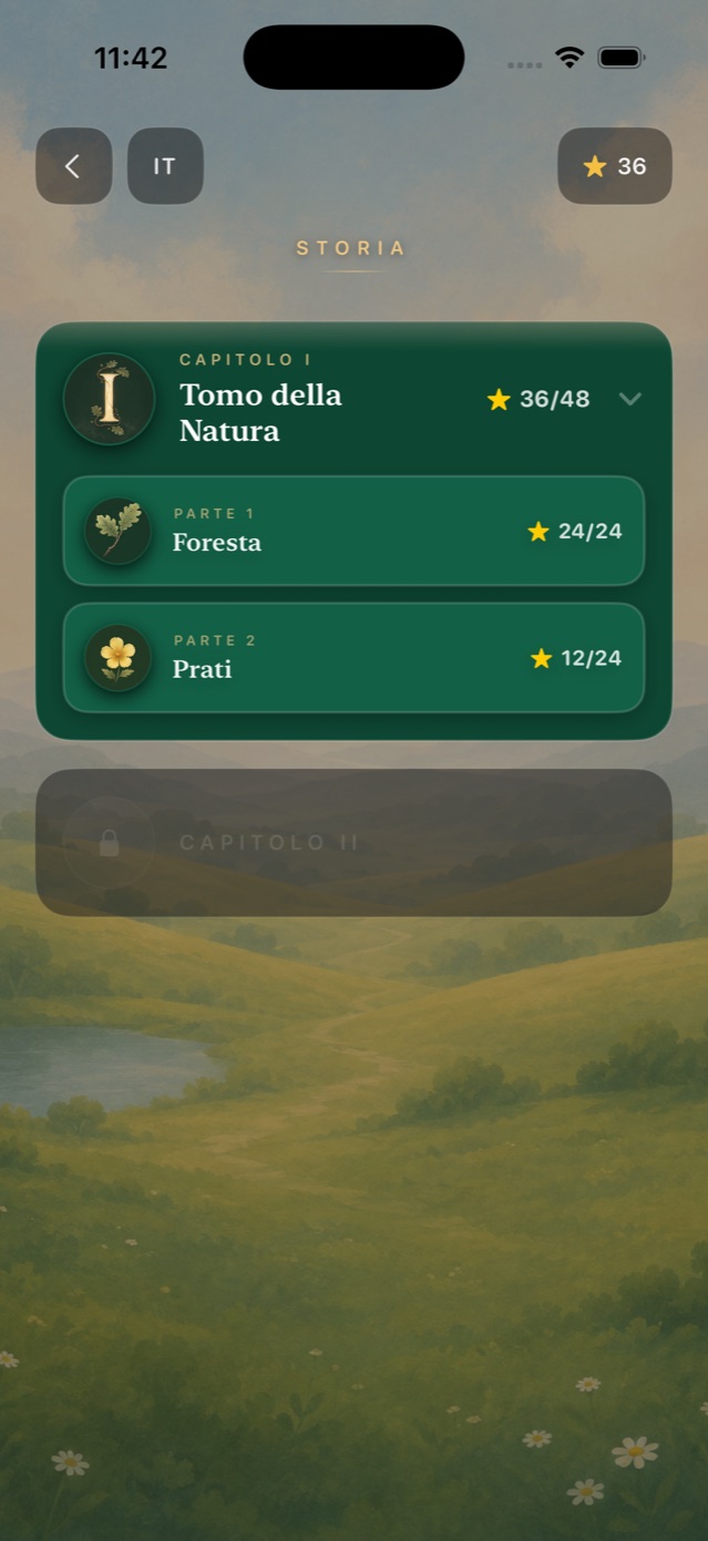 Mappa della storia con il Capitolo I, Tomo della Natura, diviso in parti e le stelle ottenute